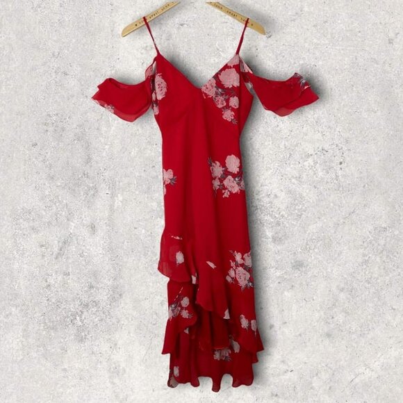 Lulus‎ Ruffle Floral Maxi Dress Red High Low Size XS Cold Shoulder In Bloom Boho - Picture 3 of 13